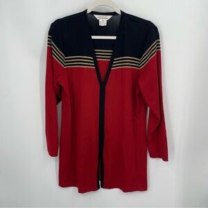 Exclusively Misook Red Black Tan Striped 3/4 Sleeve Knit Top V-Neck M